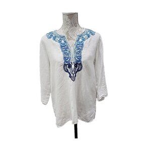 Symple NYC White Linen Embroidered Tunic Top Lagenlook 3/4 Sleeve Women's Large